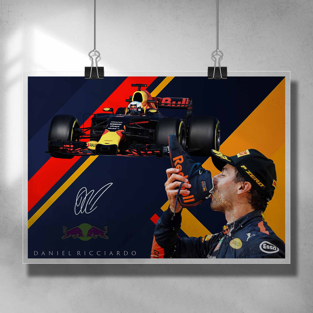 Signed formula one poster art featuring Daniel Ricciardo driving for Redbull doing his signature shoey after a victory - by Sports Cave.
