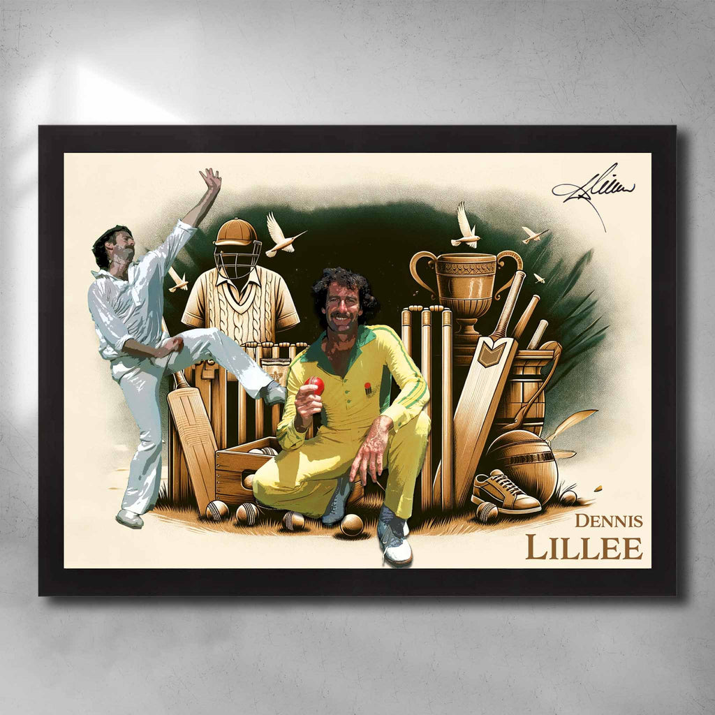 Black framed cricket art by Sports Cave, featuring Australian cricket legend Dennis Lillee. 