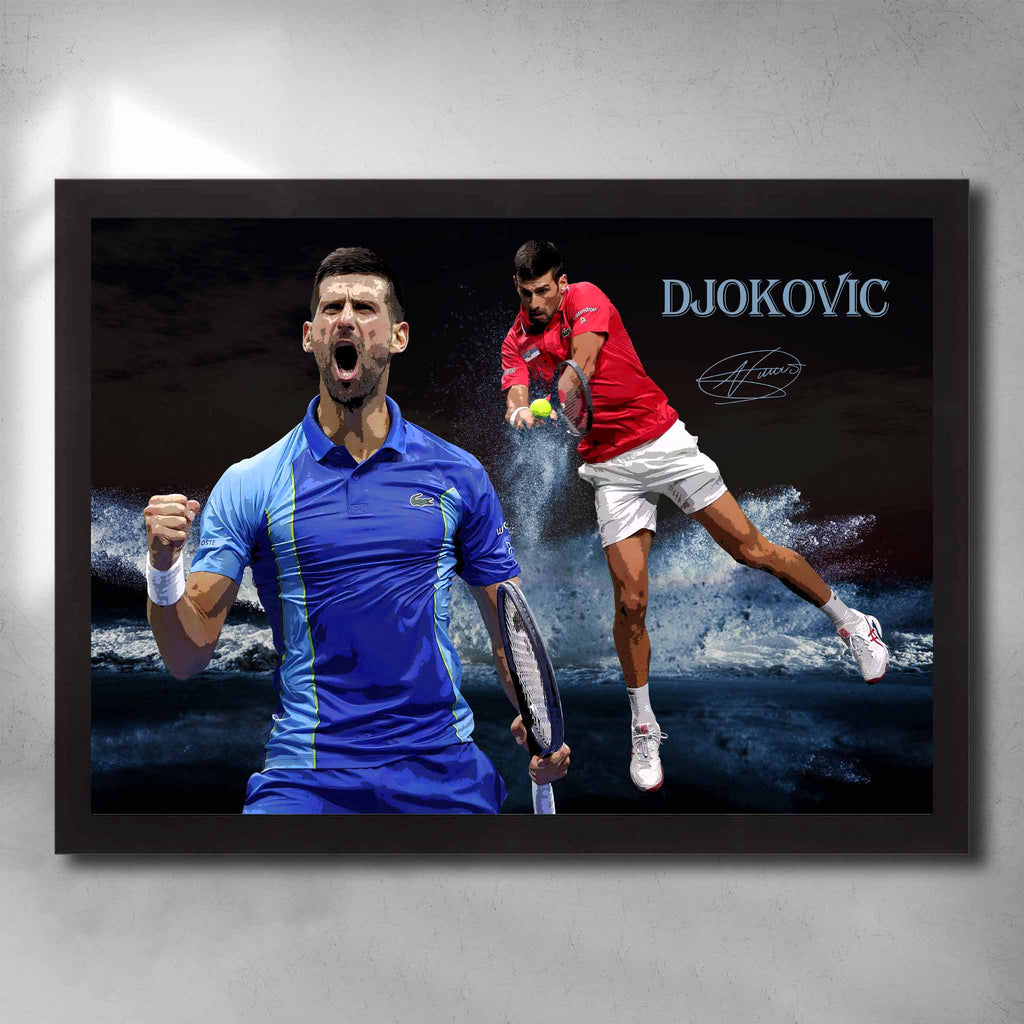 Black framed tennis art by Sports Cave, featuring tennis legend Novak Djokovic. 