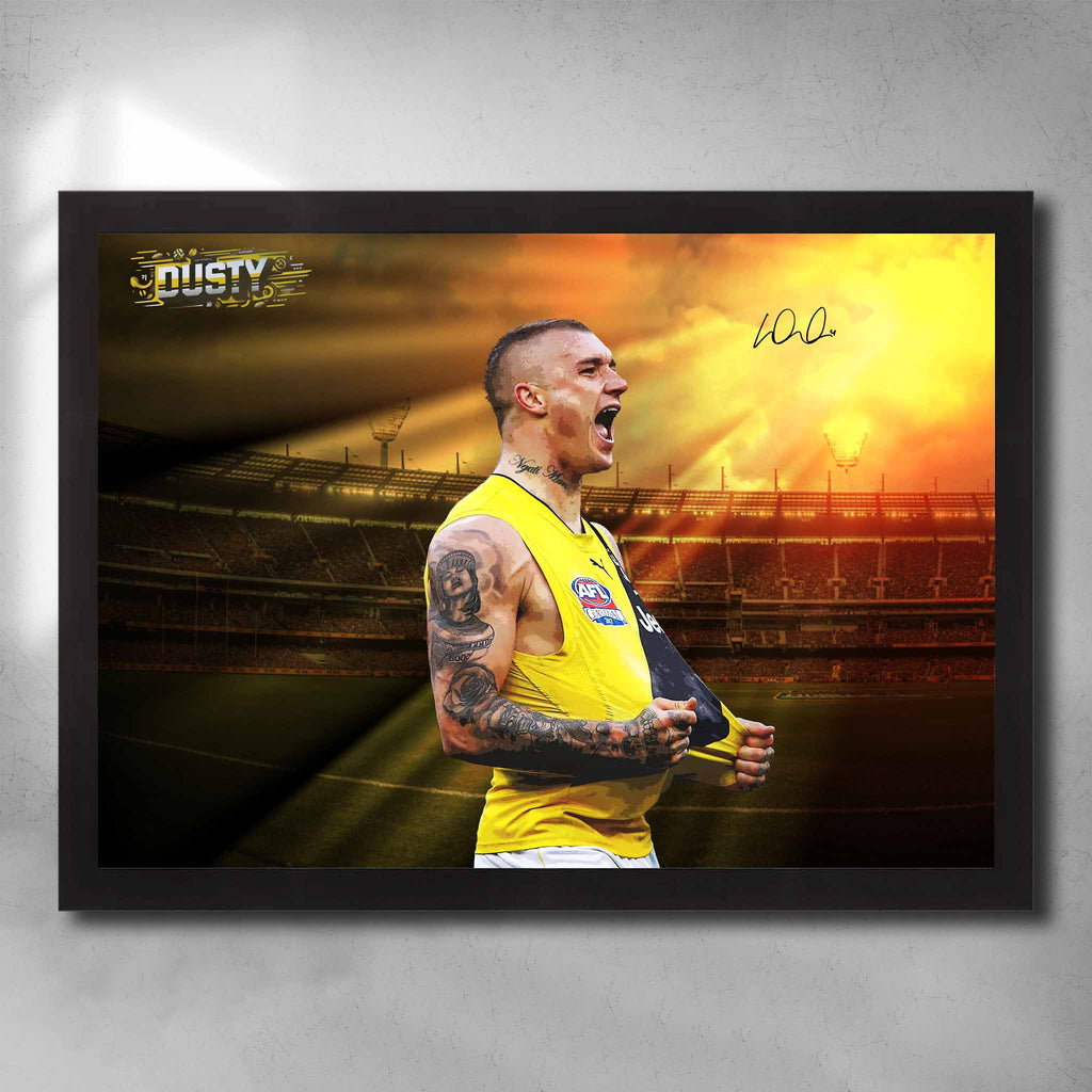 Black framed AFL art by Sports Cave, featuring Dustin Martin from the Richmond Tigers.