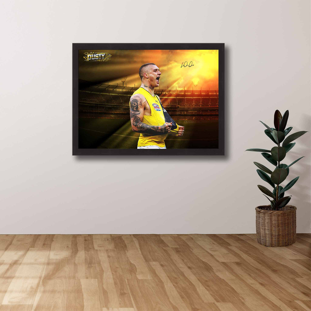AFL Die-hard Supporters House, featuring a framed print of Dustin Martin showcased on the wall.