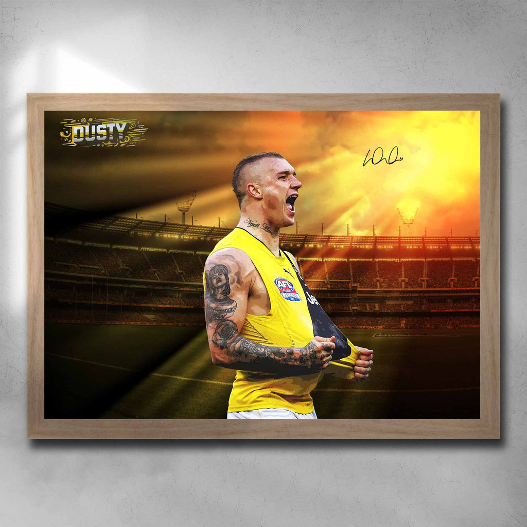 Oak framed AFL art by Sports Cave, featuring Dustin Martin from the Richmond Tigers.