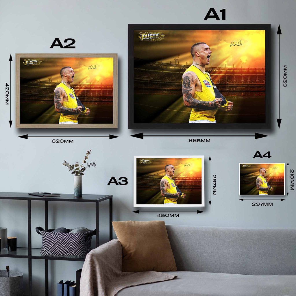Visual representation of Dustin Martin framed art size options, ranging from A4 to A2, for selecting the right size for your space.