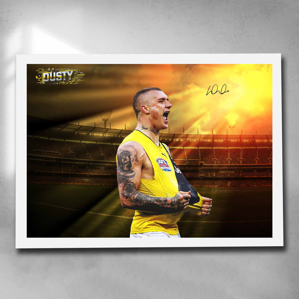 White framed AFL art by Sports Cave, featuring Dustin Martin from the Richmond Tigers.