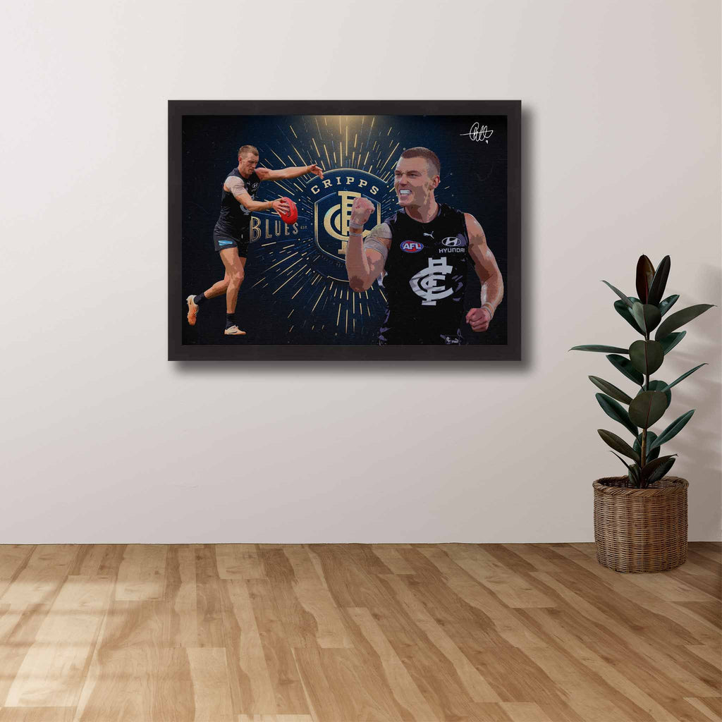 Carlton Die-hard Supporters House, featuring a framed print of Patrick Cripps showcased on the wall.