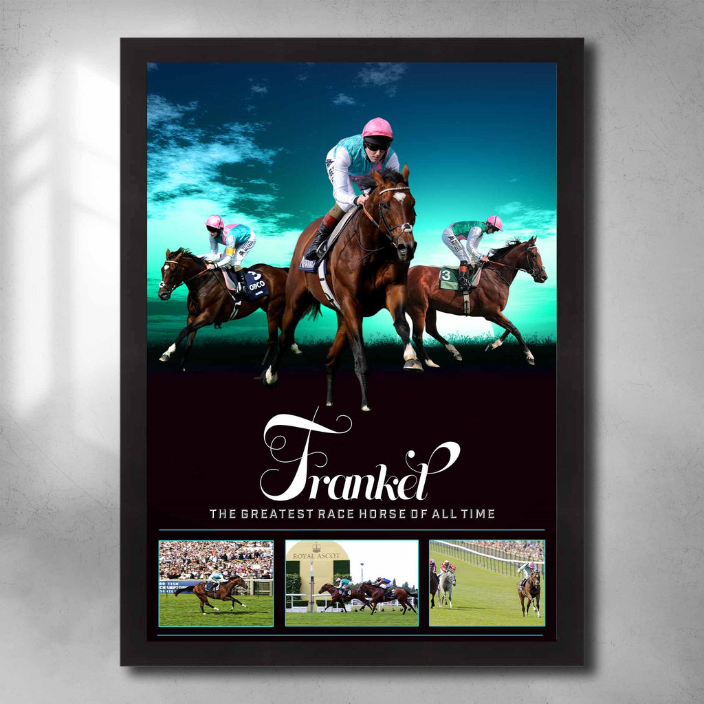 Black framed horse racing poster by Sports Cave, featuring the greatest racehorse Frankel. 