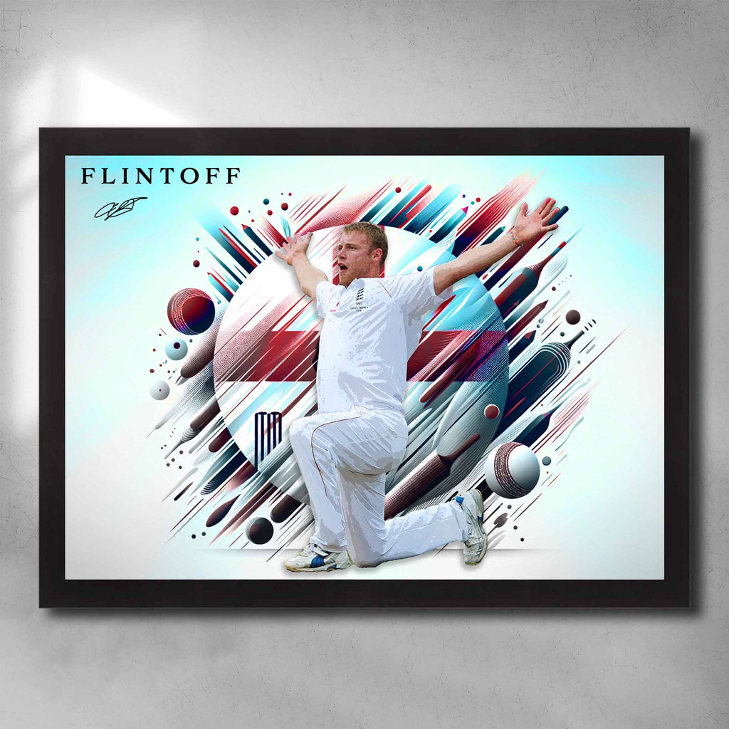 Black framed cricket art by Sports Cave featuring England player Andrew Flintoff.