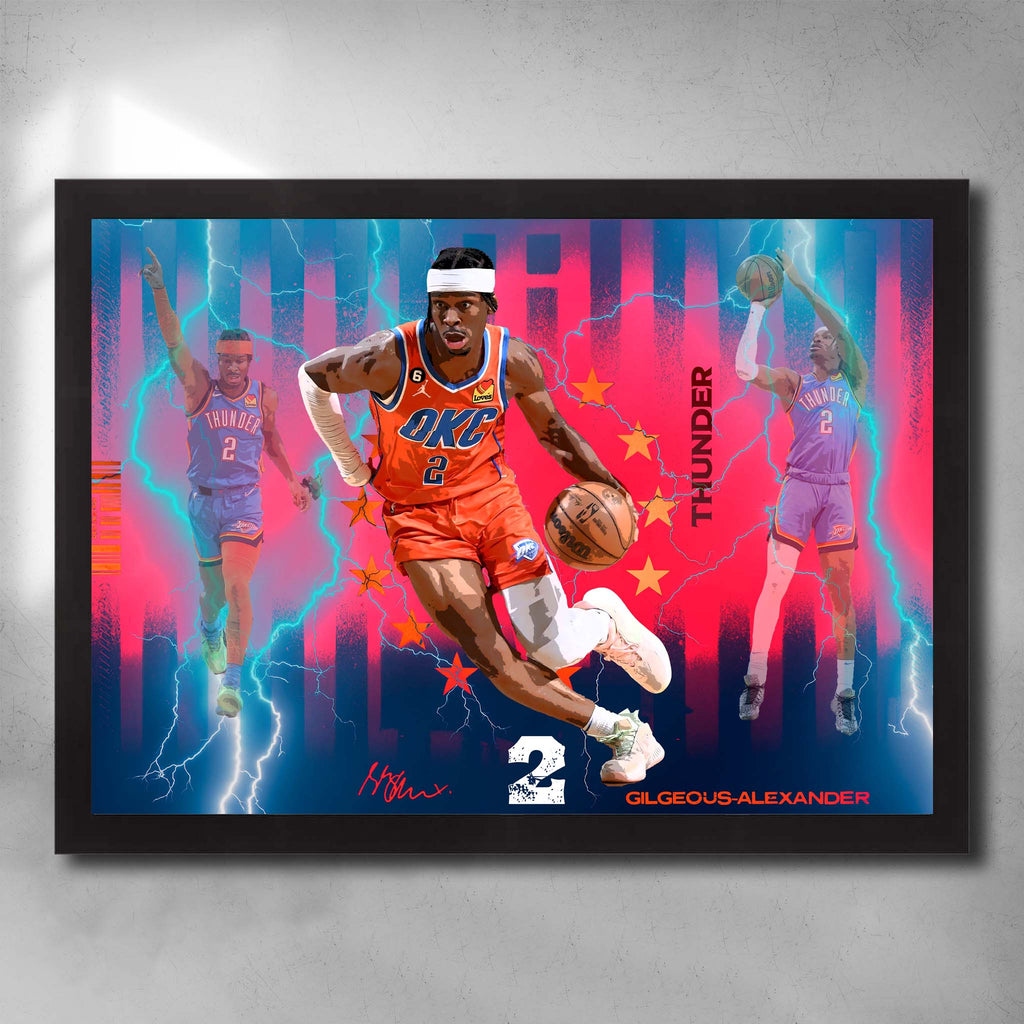 Black framed NBA art featuring Shai Gilgeous-Alexander from the Oklahoma City Thunder Basketball team. 