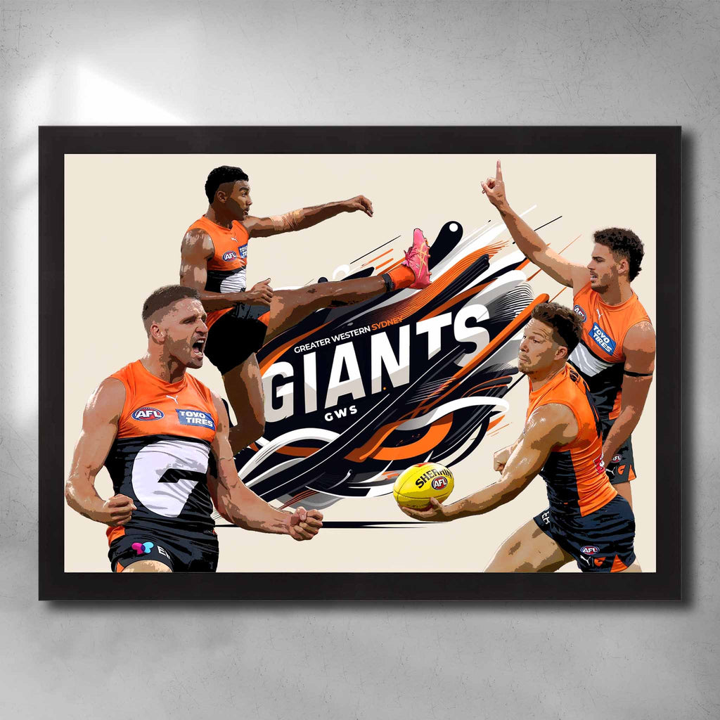 Black framed AFL art by Sports Cave, featuring Toby Grene, Callum Brown, Jesse Hogan and Jake Riccardi from the GWS Giants.