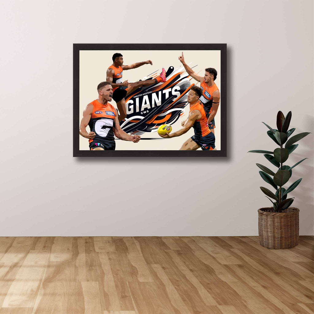 AFL Die-hard Supporters House, featuring a framed print of GWS Giants showcased on the wall.