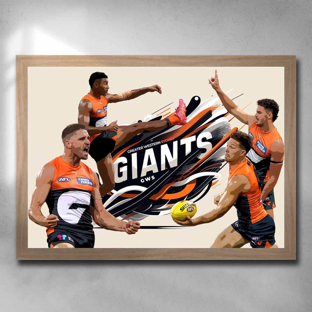 Oak framed AFL art by Sports Cave, featuring Toby Grene, Callum Brown, Jesse Hogan and Jake Riccardi from the GWS Giants.