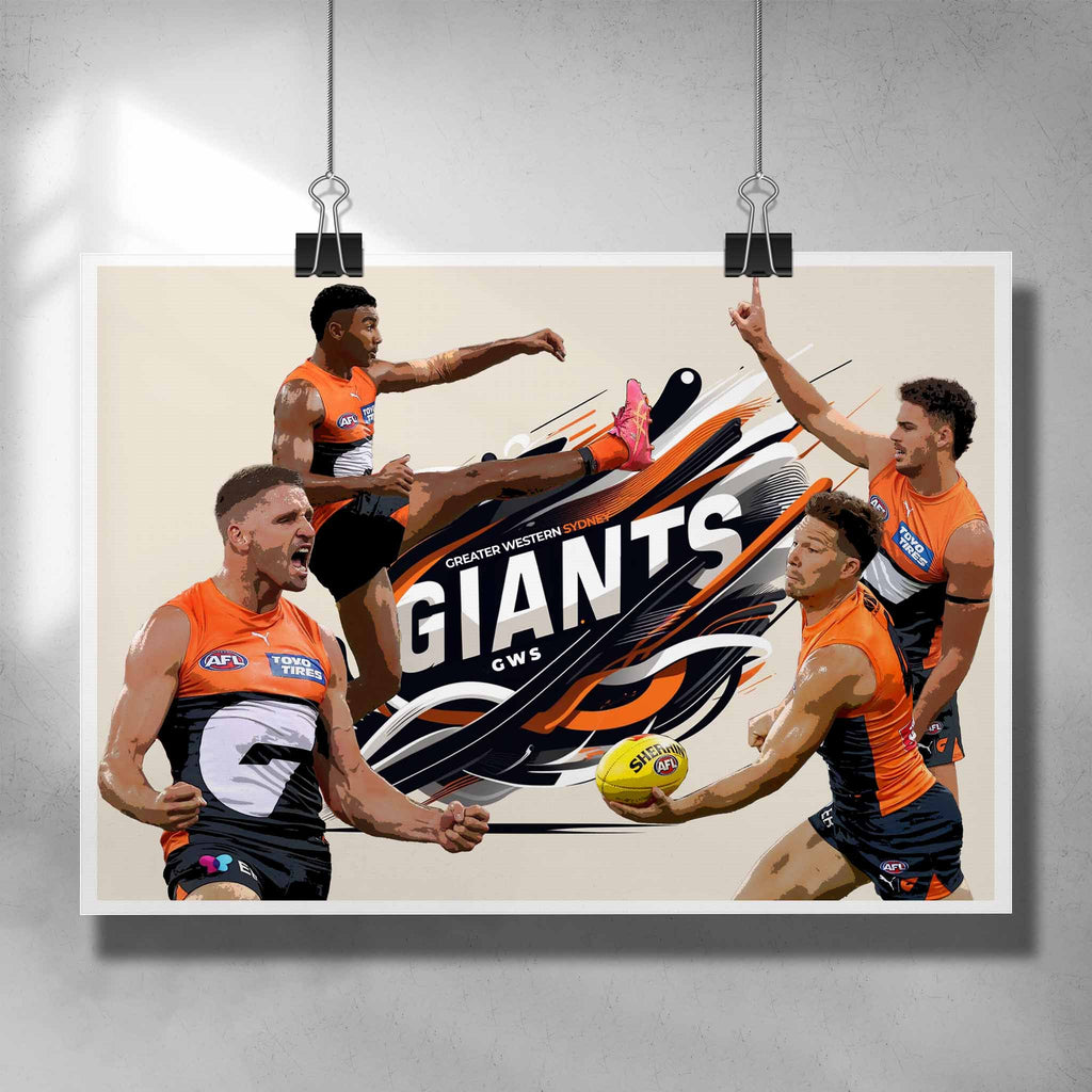 AFL poster by Sports Cave, featuring Toby Grene, Callum Brown, Jesse Hogan and Jake Riccardi from the GWS Giants.