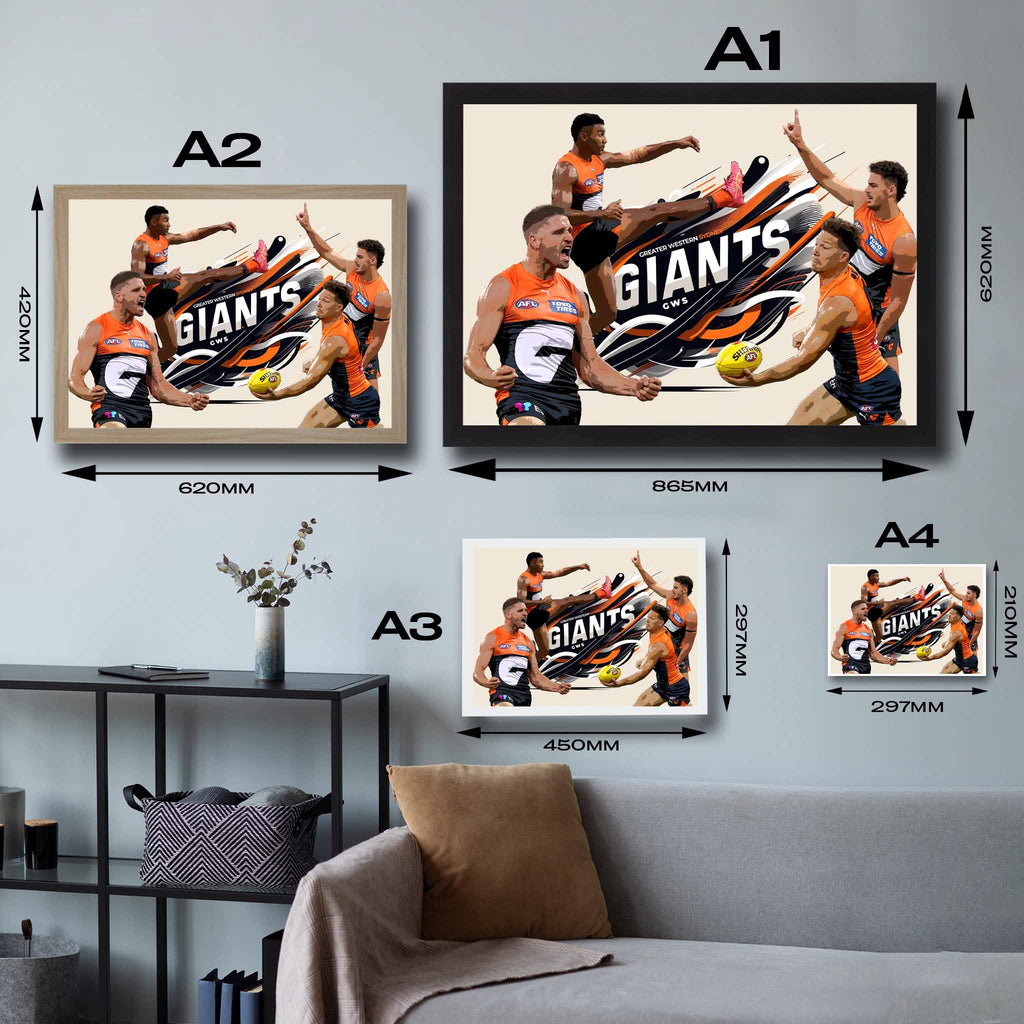 Visual representation of GWS Giants framed art size options, ranging from A4 to A2, for selecting the right size for your space.