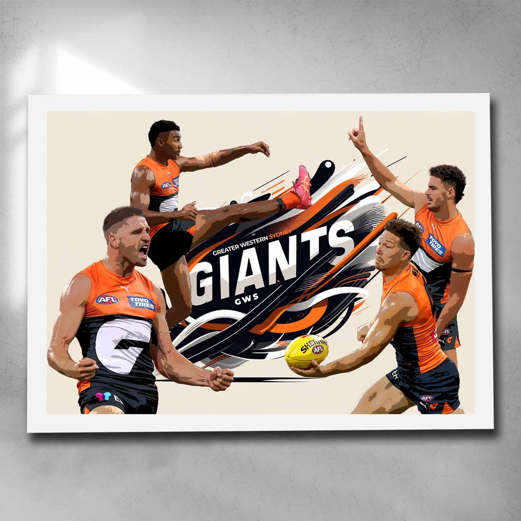 White framed AFL art by Sports Cave, featuring Toby Grene, Callum Brown, Jesse Hogan and Jake Riccardi from the GWS Giants.