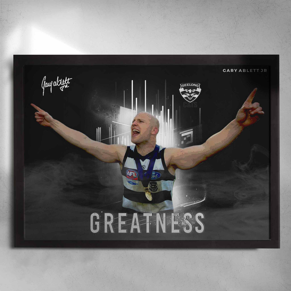 Black framed AFL Poster by Sports Cave, featuring the legend Gary Ablett Jr from the Geelong Cats.