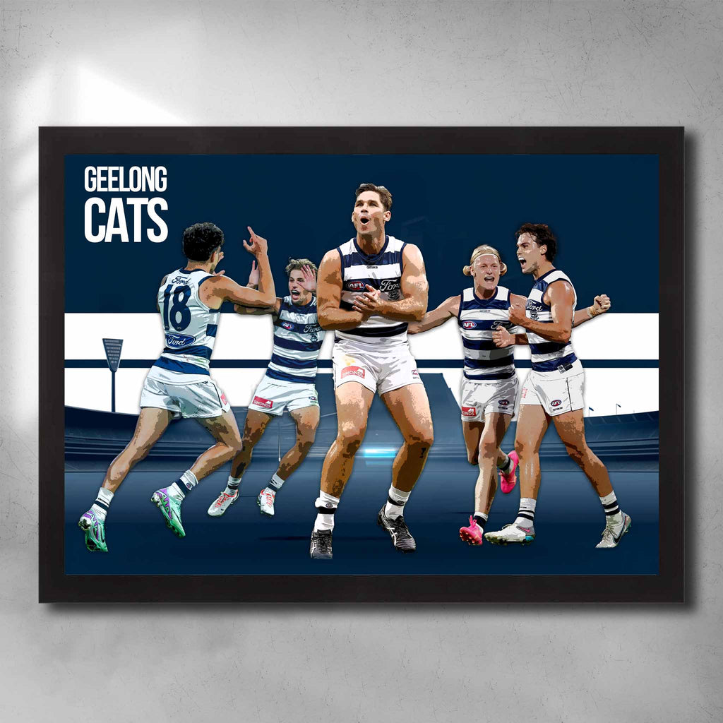 Black framed AFL art by Sports Cave, featuring the Aussie Rules Club the Geelong Cats.
