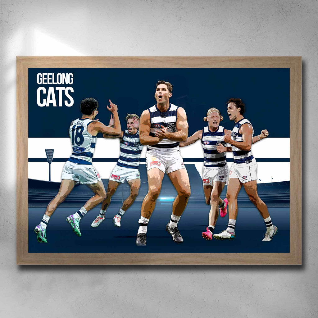 Oak framed AFL art by Sports Cave, featuring the Aussie Rules Club the Geelong Cats.