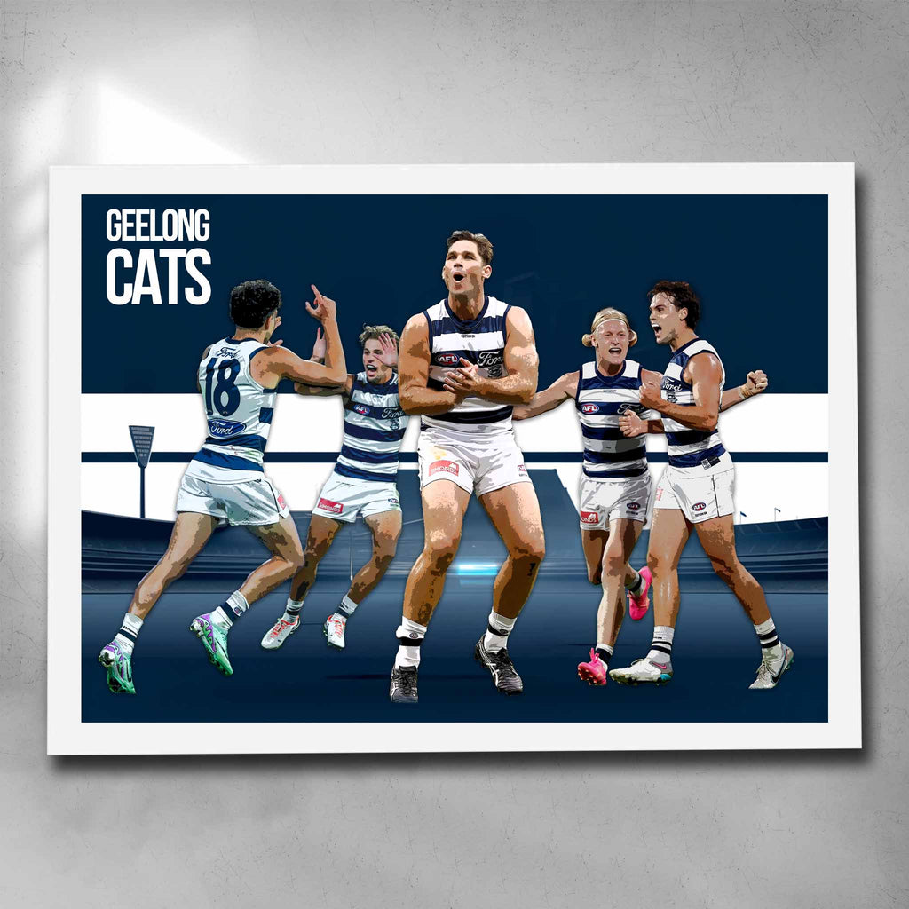 White framed AFL art by Sports Cave, featuring the Aussie Rules Club the Geelong Cats.