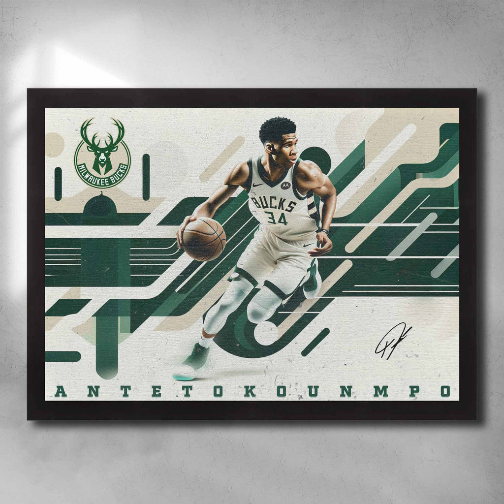 Black framed NBA Art by Sports Cave featuring Giannis Antetokounmpo from the Milwaukee Bucks.