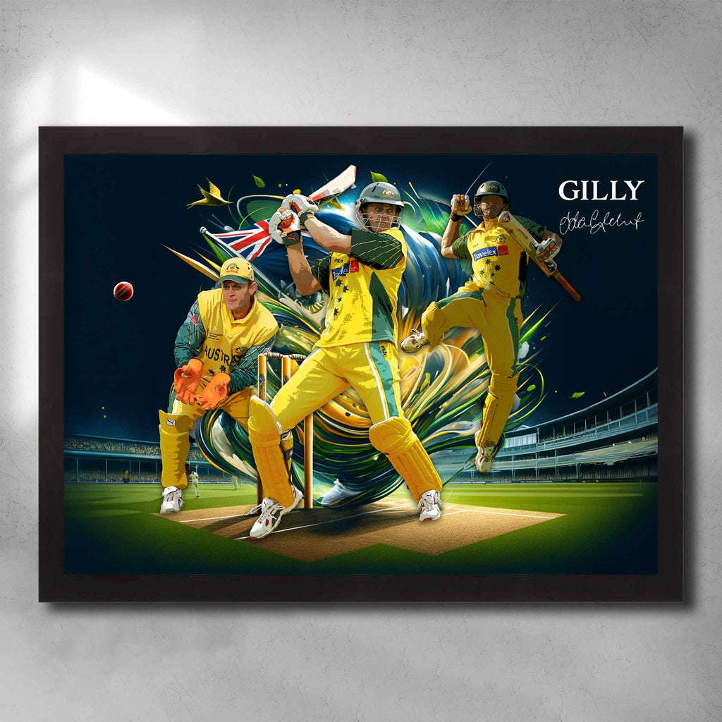 Black framed cricket art by Sports Cave, featuring Australian legend Adam Gilchrist.
