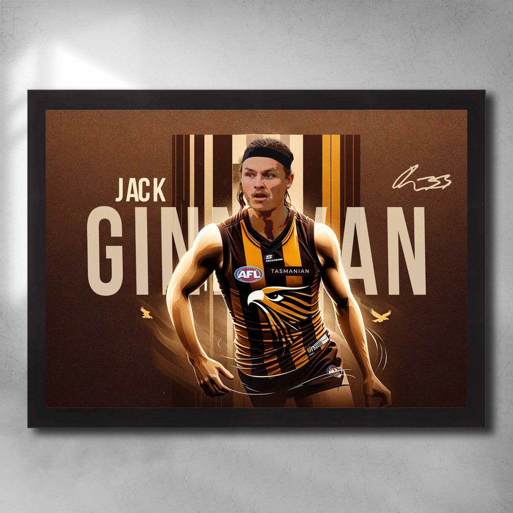 Black framed AFL poster by Sports Cave, featuring Jack Ginnivan from the Hawthorn Hawks.
