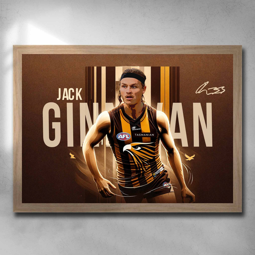 Oak framed AFL poster by Sports Cave, featuring Jack Ginnivan from the Hawthorn Hawks.