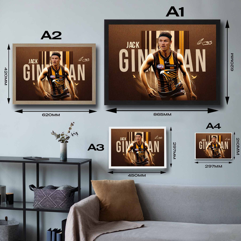 Framed art sizing guide of Jack Ginnivan from the Hawthorn Hawks.