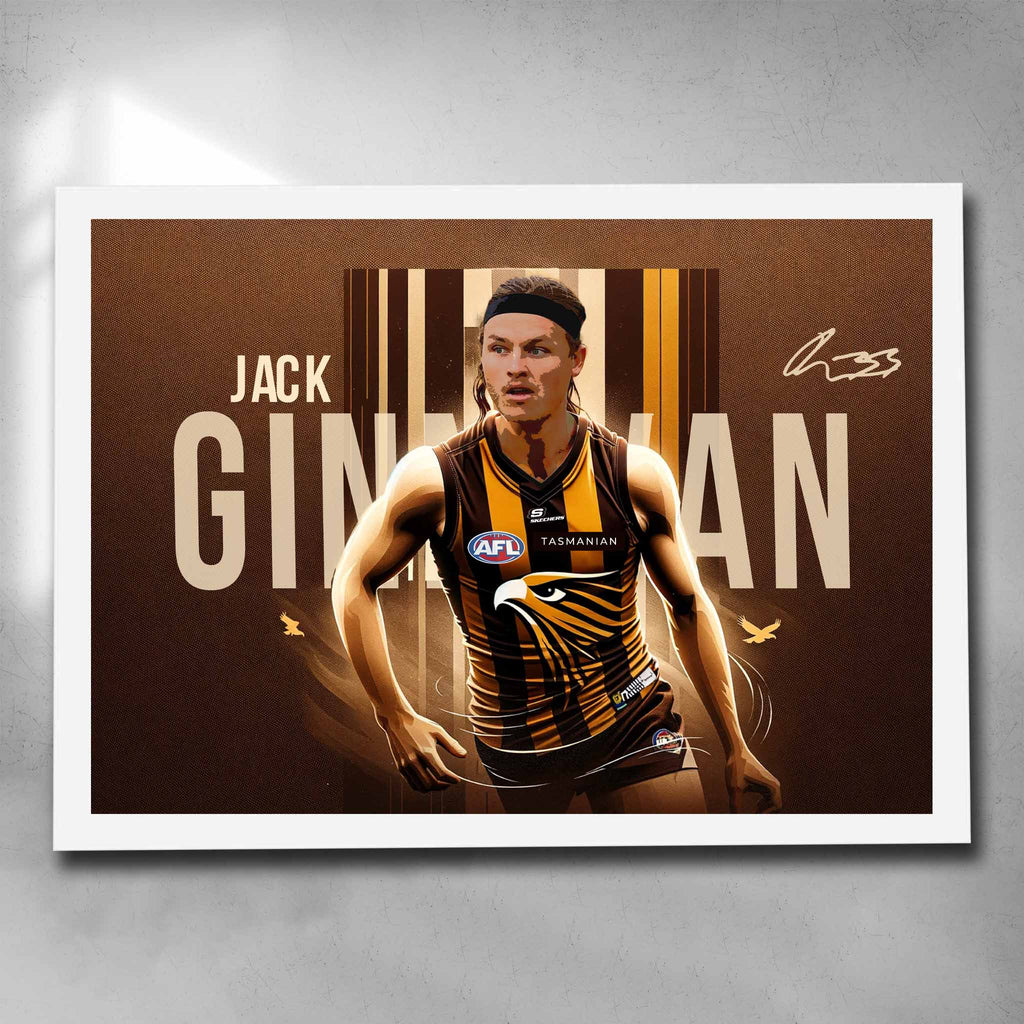 White framed AFL poster by Sports Cave, featuring Jack Ginnivan from the Hawthorn Hawks.