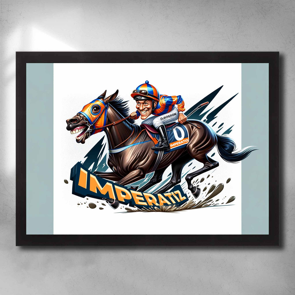 Black framed horse racing art by Sports Cave, featuring a caricature of the great mare Imperatiz.