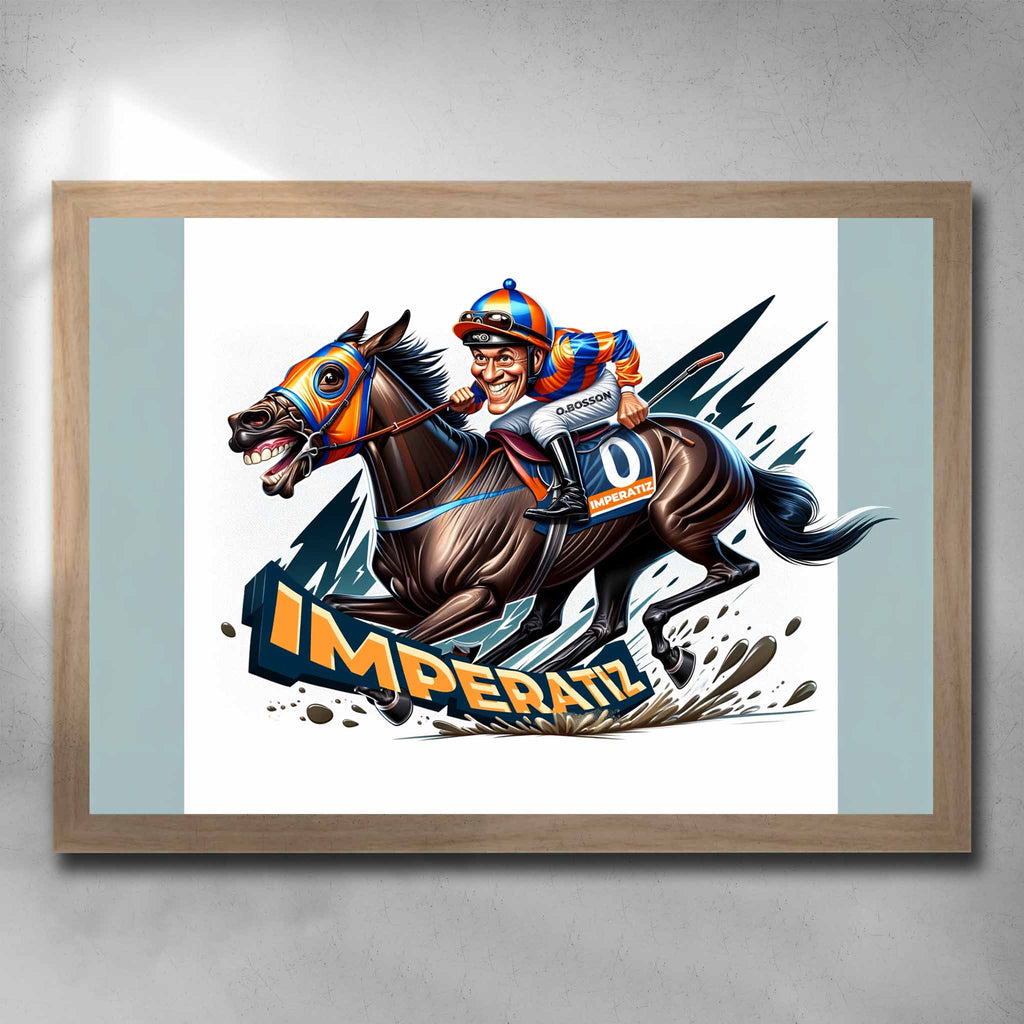 Oak framed horse racing art by Sports Cave, featuring a caricature of the great mare Imperatiz.