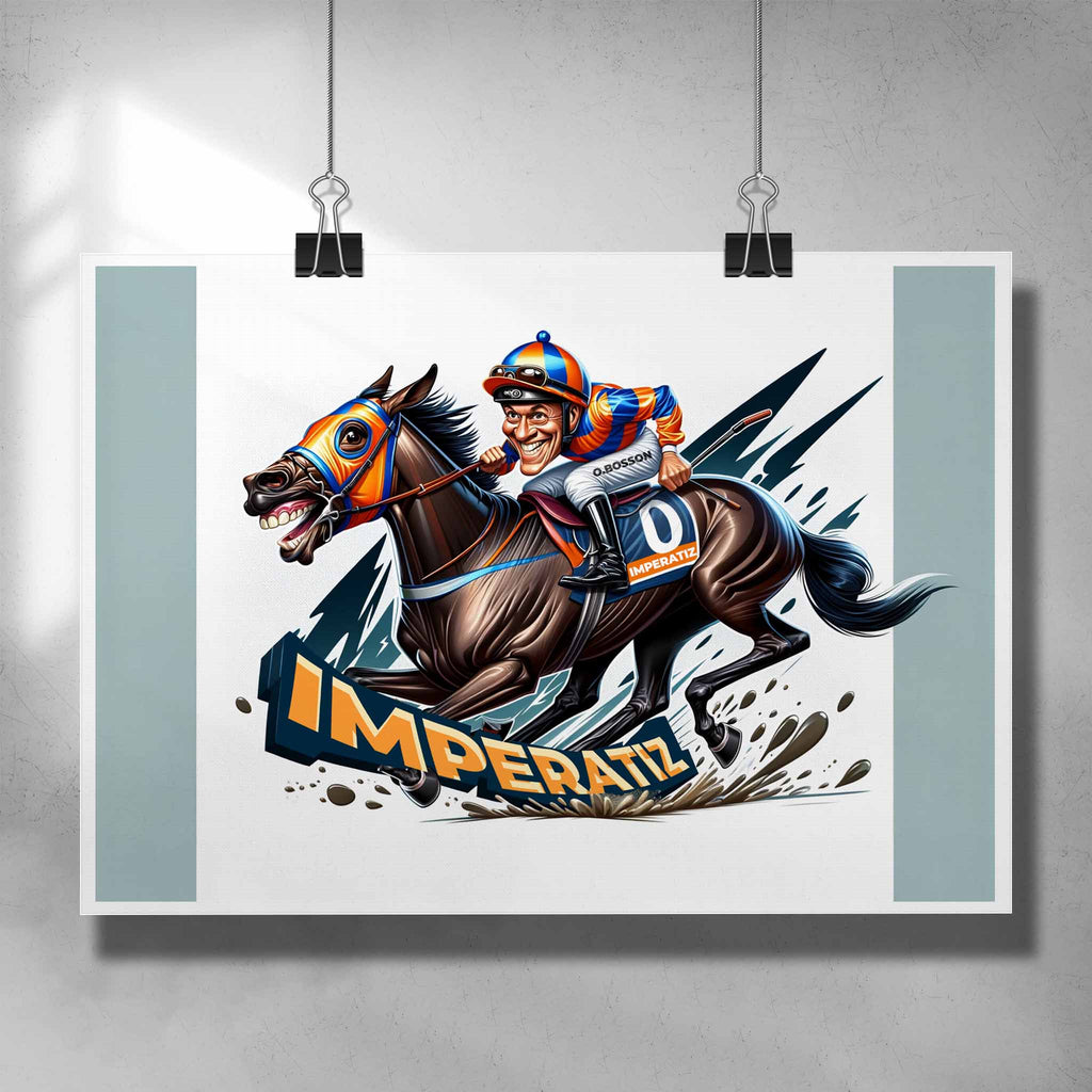 Horse racing poster by Sports Cave, featuring a caricature of the great mare Imperatiz.