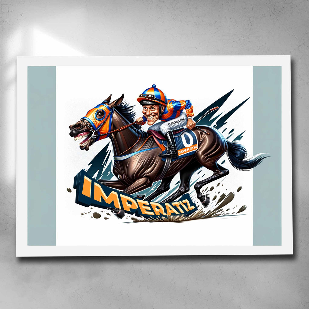 White framed horse racing art by Sports Cave, featuring a caricature of the great mare Imperatiz.
