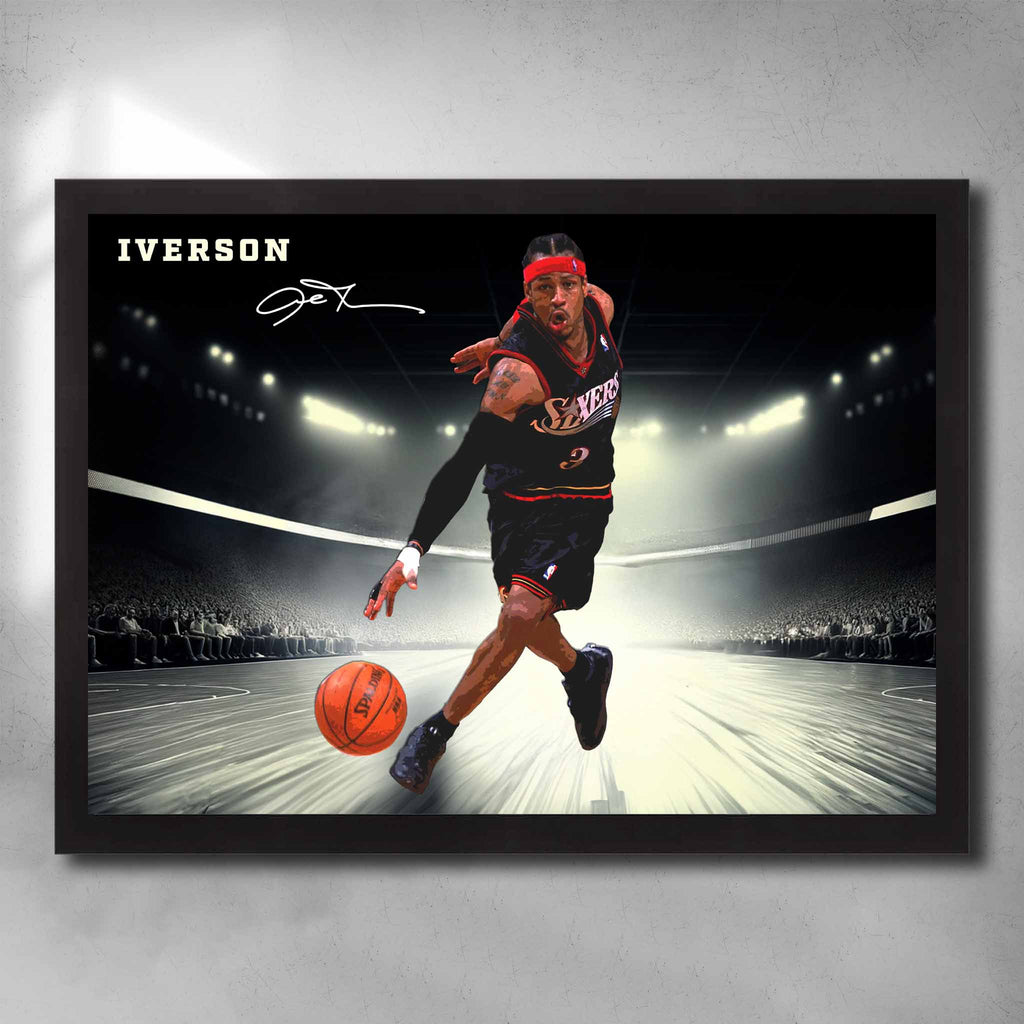 Black framed basketball art by Sports Cave, featuring NBA legend Allen Iverson from the Sixers.
