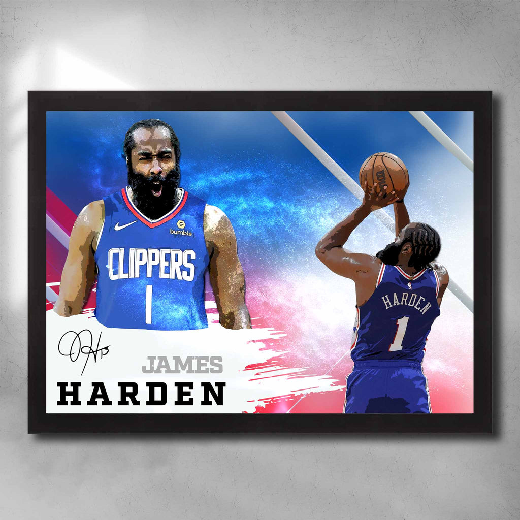 Black framed NBA Art by Sports Cave featuring James Harden from the Las Angeles Clippers