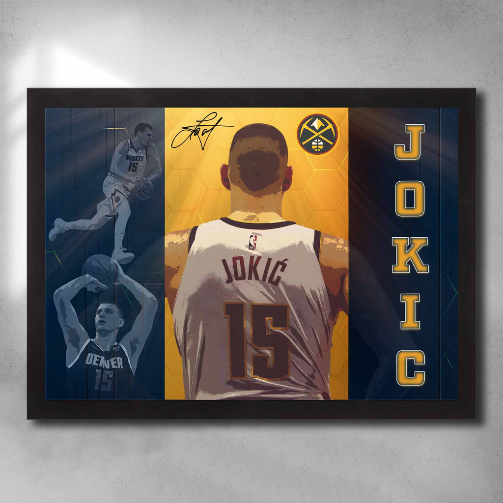 Black framed NBA Art by Sports Cave, featuring Nikola Jokic from the Denver Nuggets.