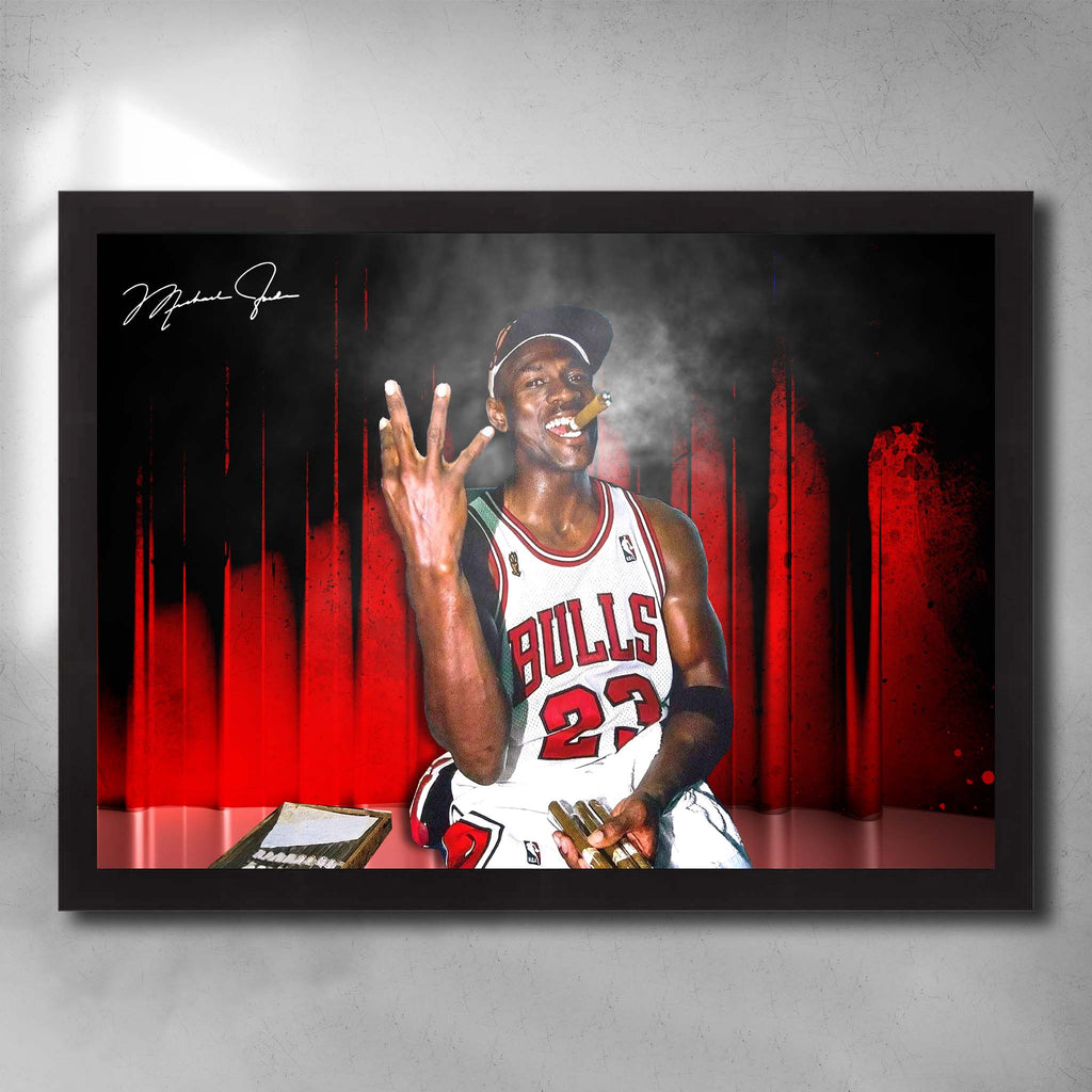 Black framed NBA art featuring Chicago Bulls legend Michael Jordan smoking a cigar - Artwork by Sports Cave.