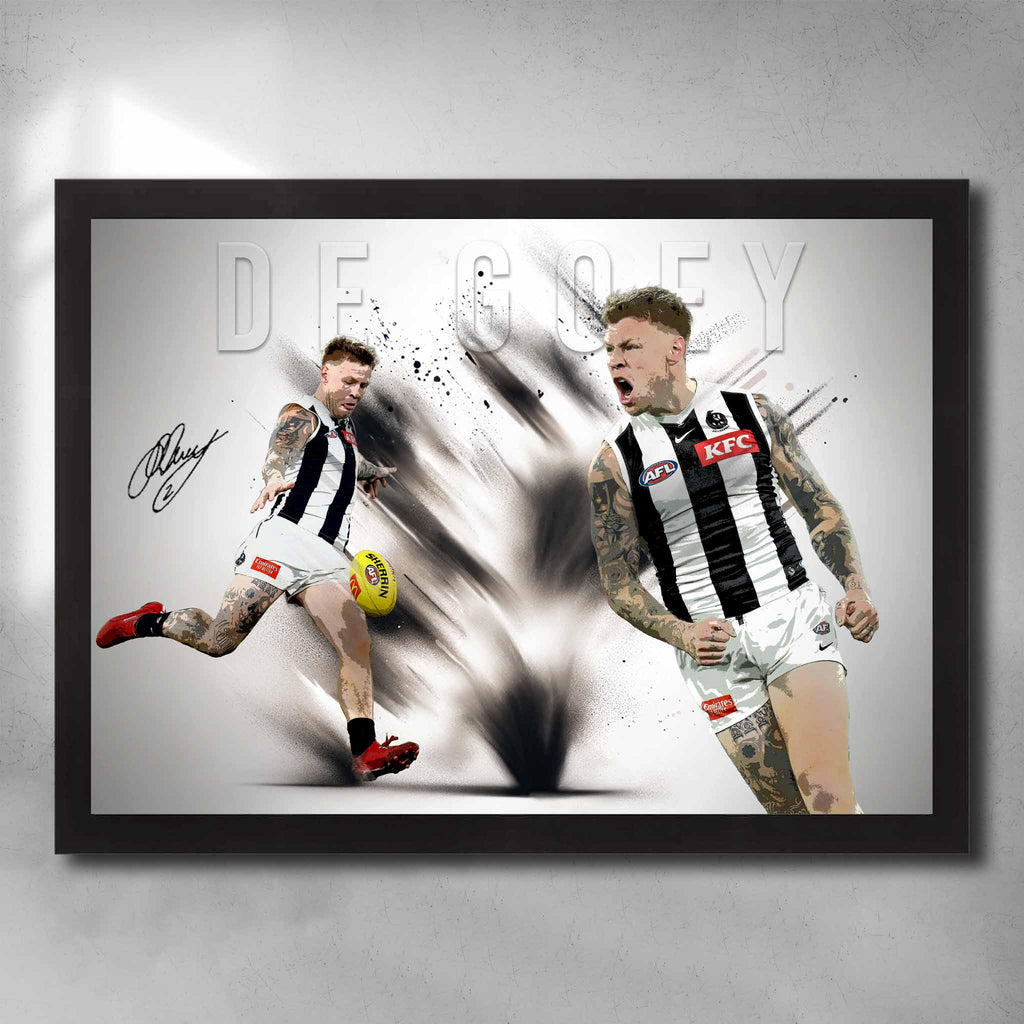 Black framed AFL poster by Sports Cave, featuring Jordan De Goey from the Collingwood Magpies.