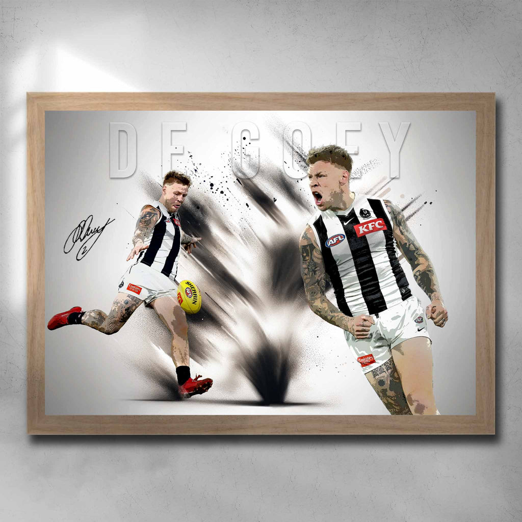 Oak framed AFL poster by Sports Cave, featuring Jordan De Goey from the Collingwood Magpies.