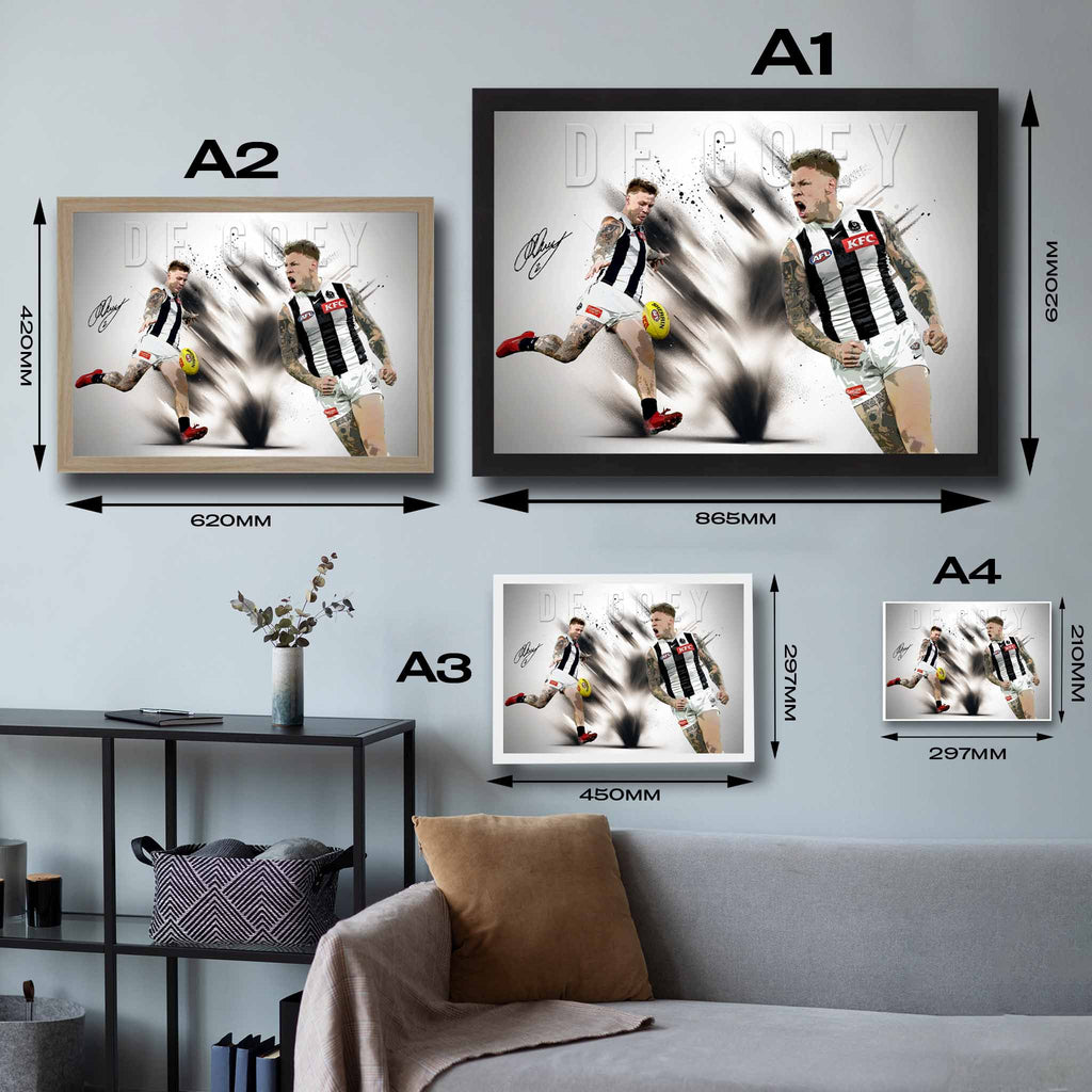 Visual representation of Jordan De Goey framed art size options, ranging from A4 to A2, for selecting the right size for your space.