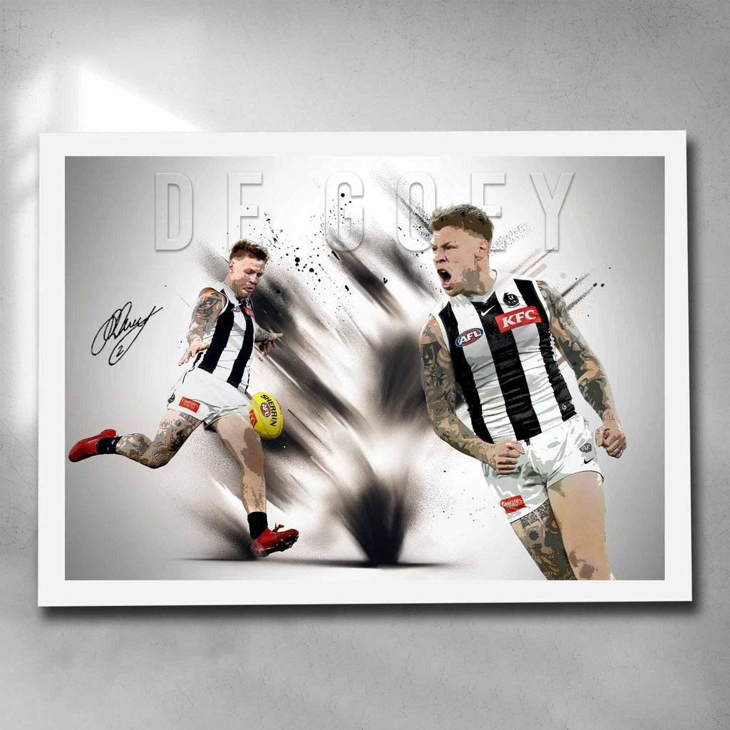 White framed AFL poster by Sports Cave, featuring Jordan De Goey from the Collingwood Magpies.