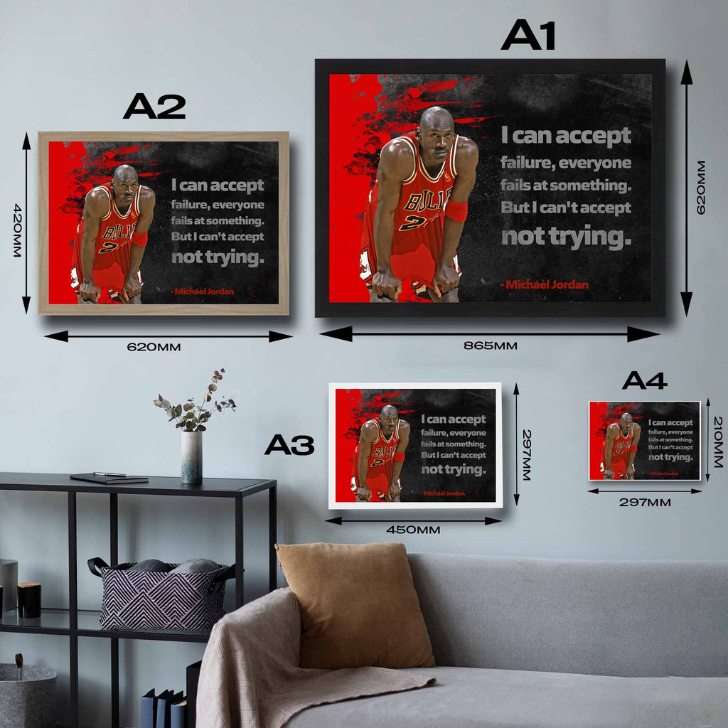 Visual representation of Michael Jordan Motivational framed art size options, ranging from A4 to A2, for selecting the right size for your space.