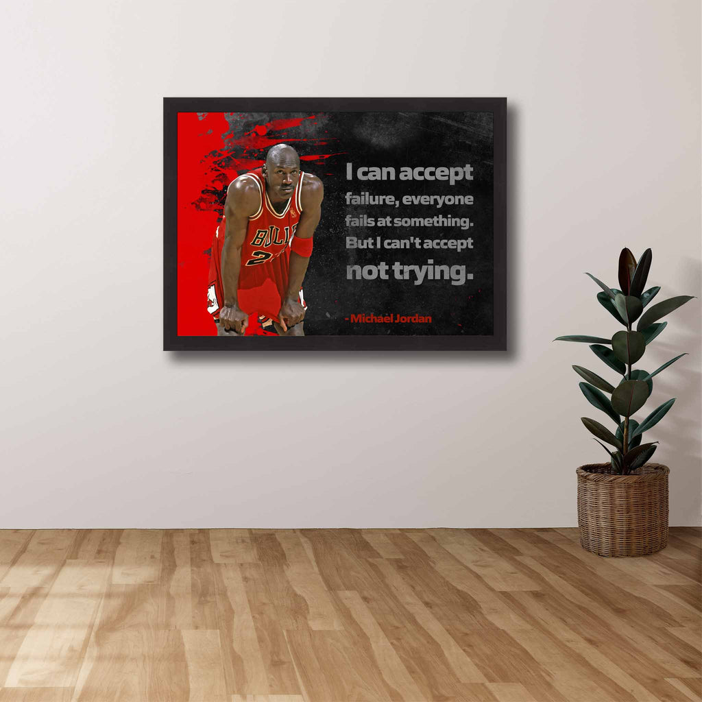 Devoted NBA fan's tribute: Michael Jordans motivational framed art proudly displayed on the wall.