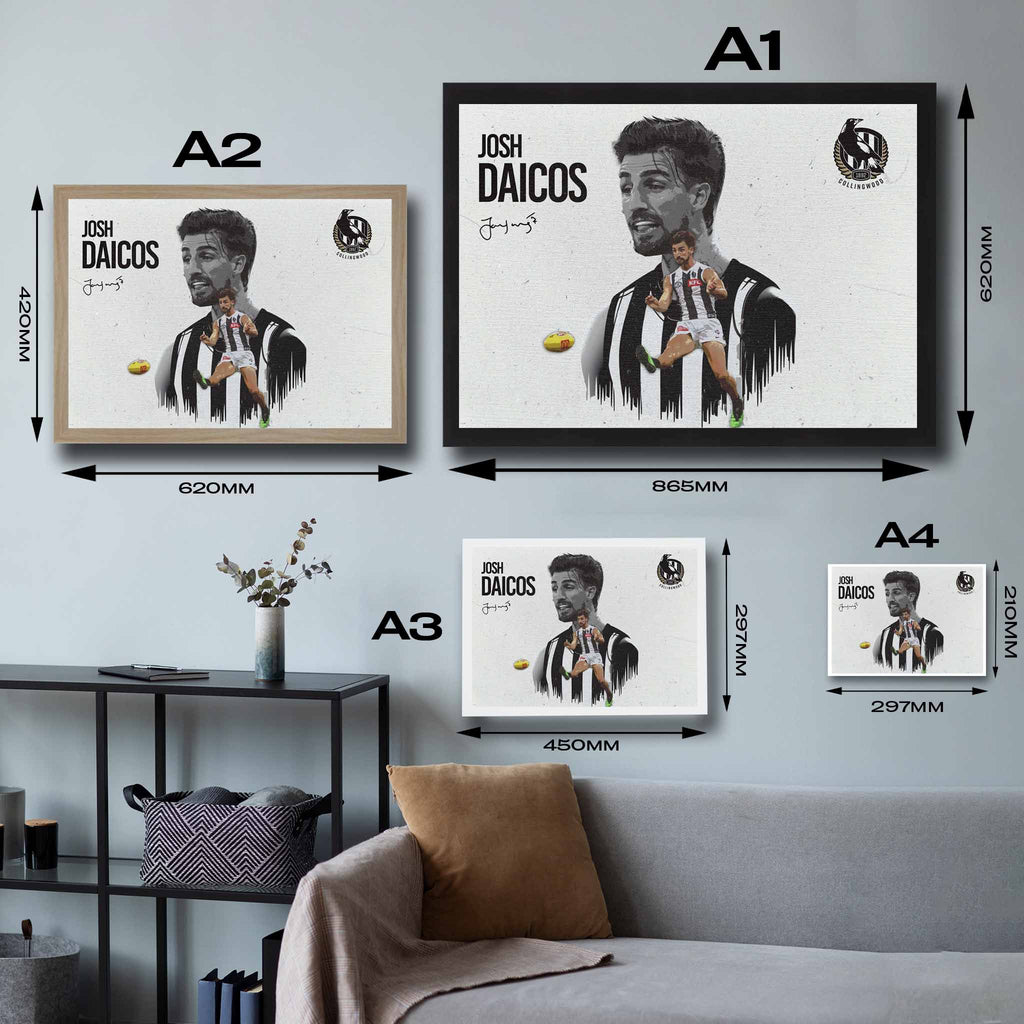 Visual representation of Josh Daicos framed art size options, ranging from A4 to A2, for selecting the right size for your space.