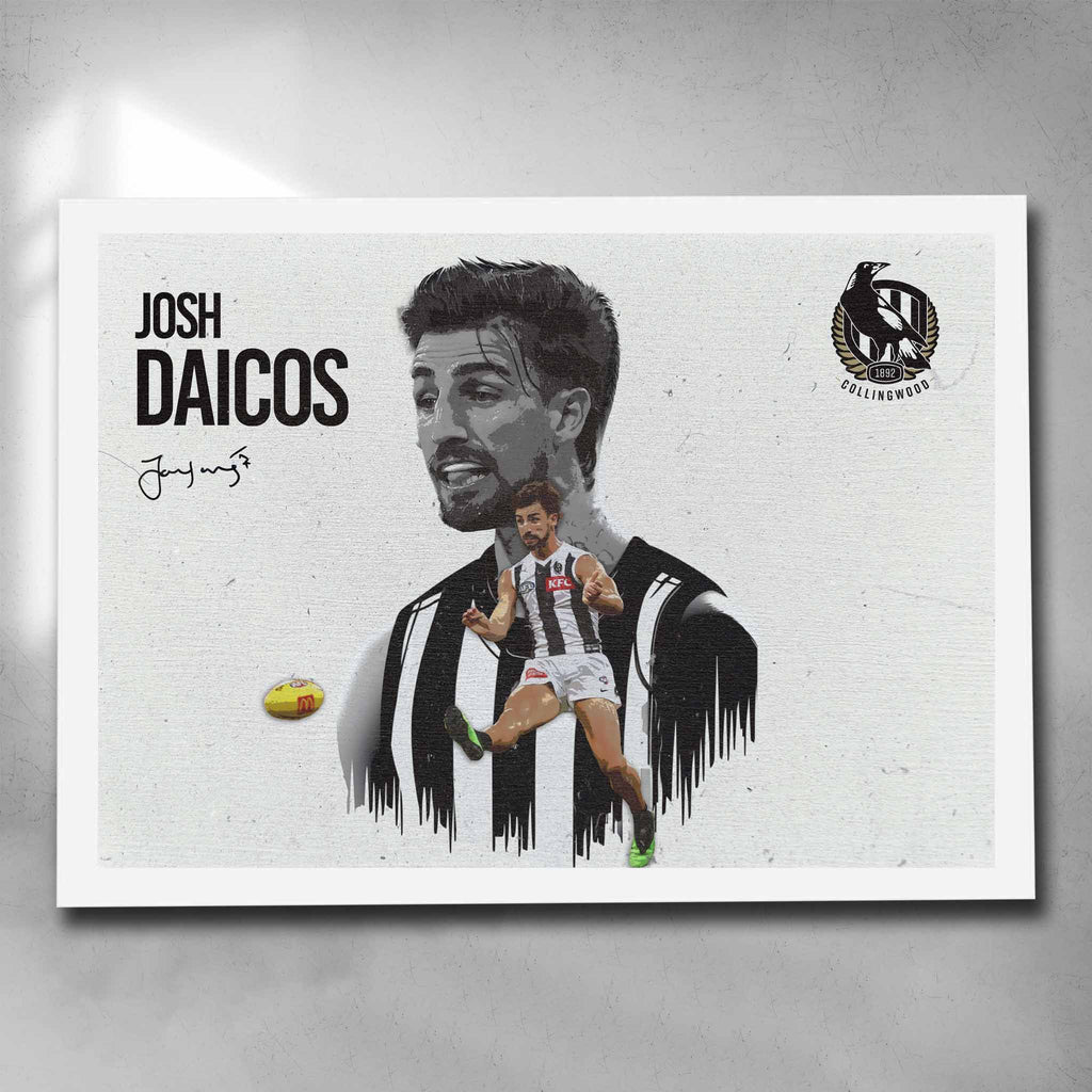 White framed AFL Poster by Sports Cave, featuring Josh Daicos from the Collingwood Magpies.