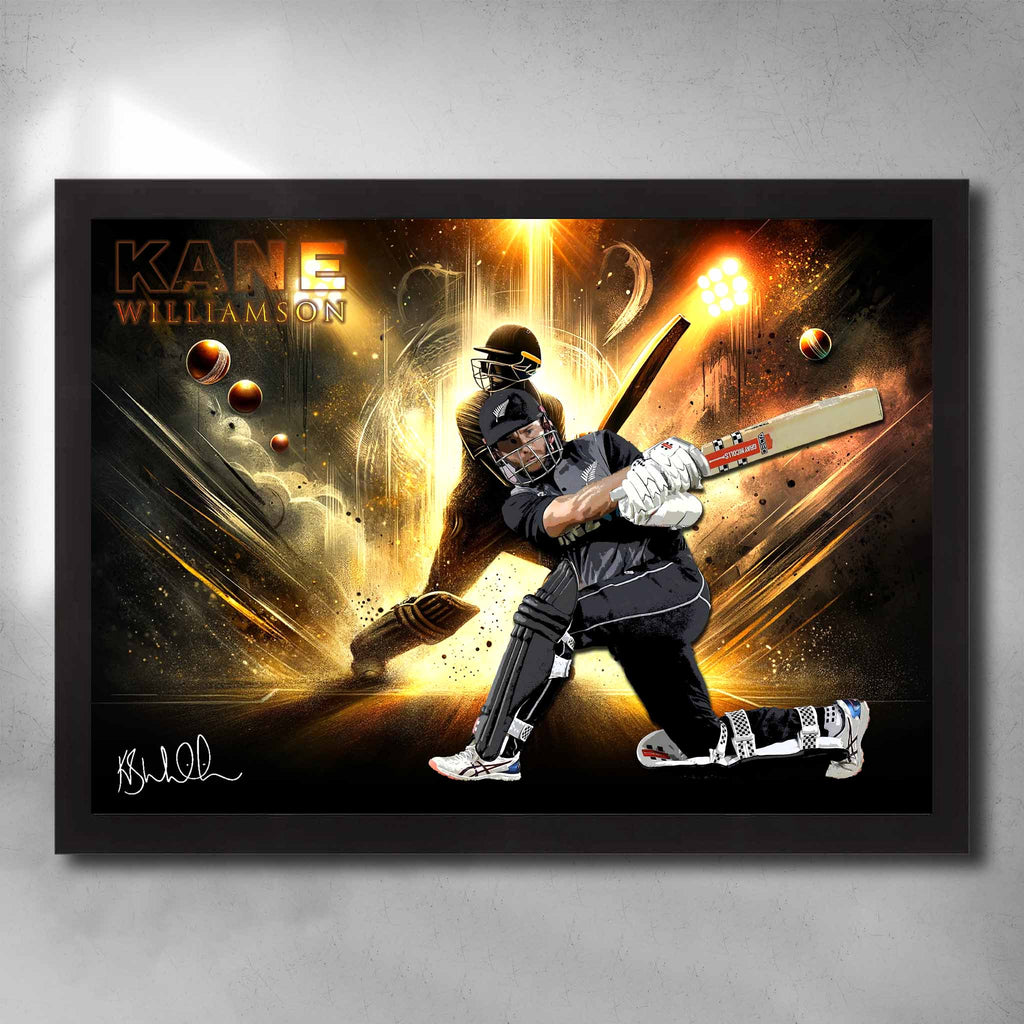 Black framed cricket art featuring New Zealands Captain Kane Williamson - Artwork by Sports Cave.