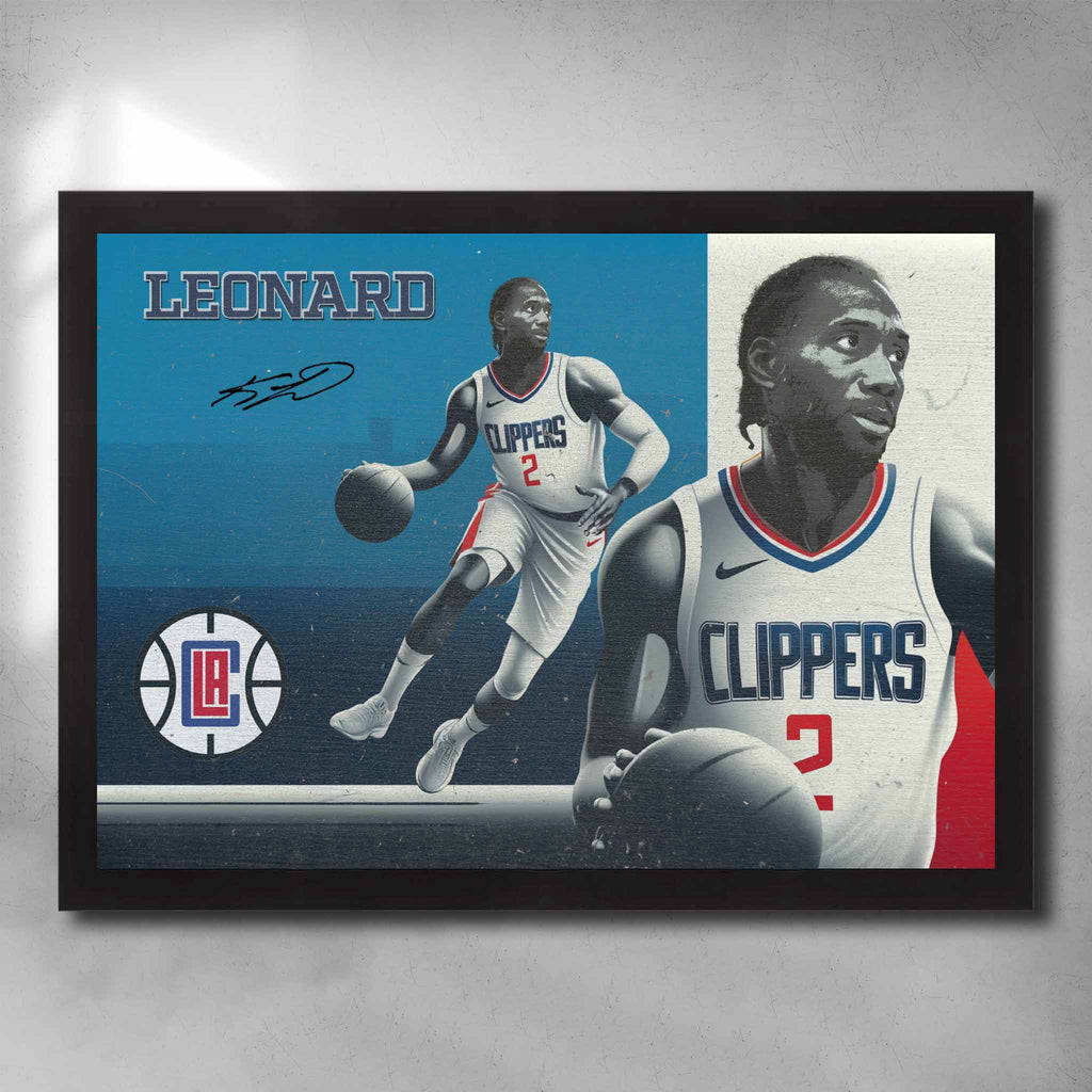 Black framed NBA art by Sports Cave, featuring Kawhi Leonard from the LA Clippers.