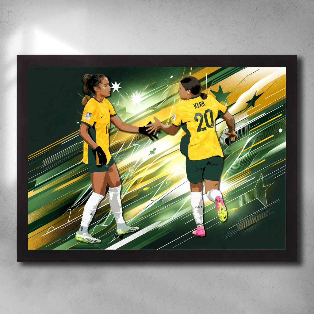 Black framed women's soccer artwork by Sports Cave, featuring Sam Kerr & Mary Fowler from the Australian Matilda's.