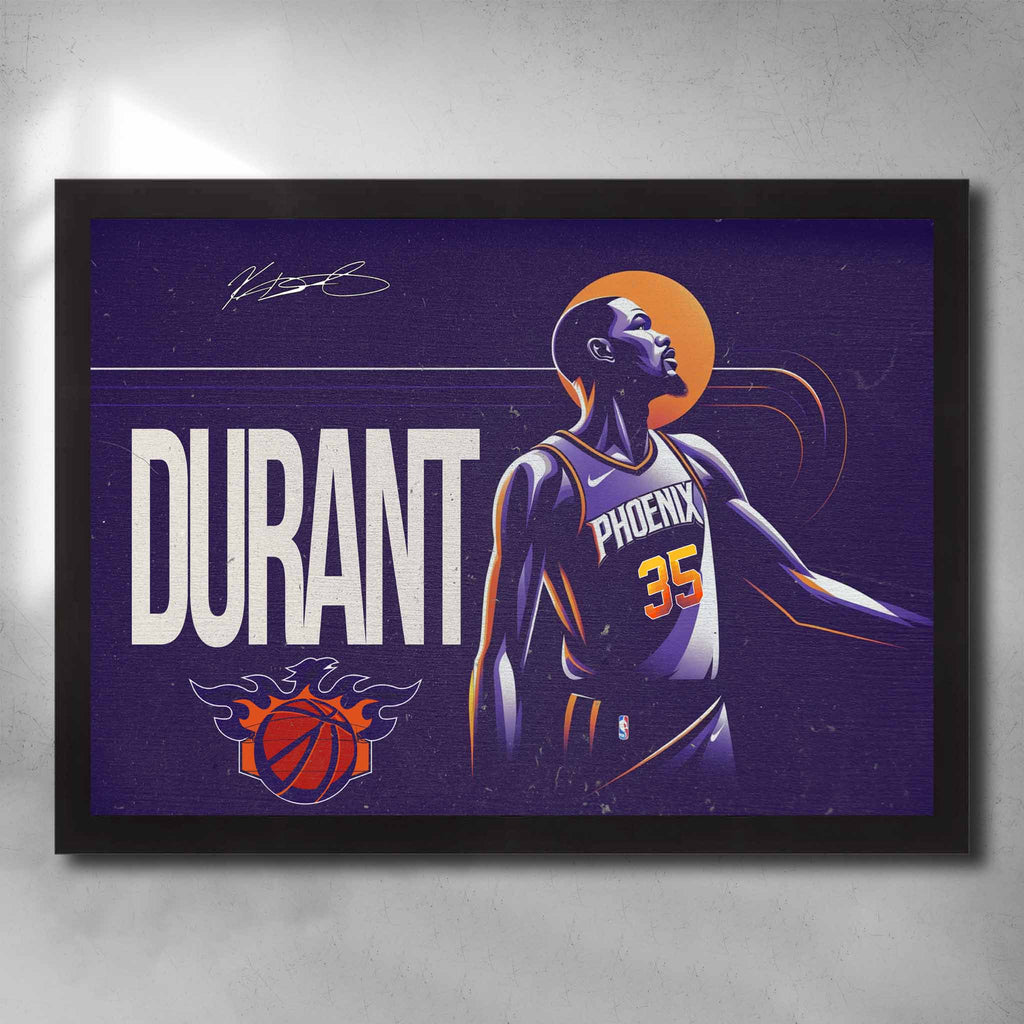 Black framed basketball art by Sports Cave, featuring NBA star Kevin Durant from the Pheonix Suns.