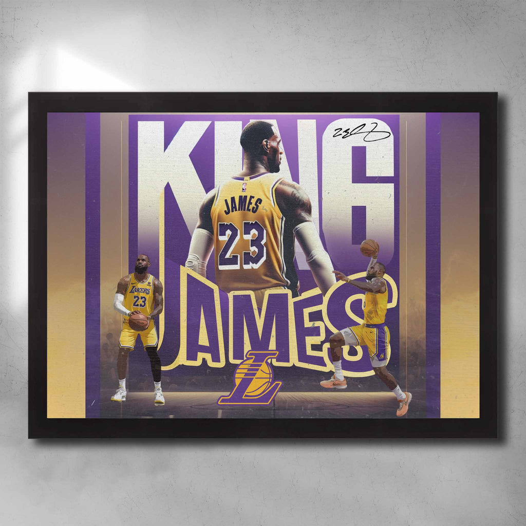 Black framed NBA art by Sports Cave featuring King Lebron James from the Las Angeles Lakers.