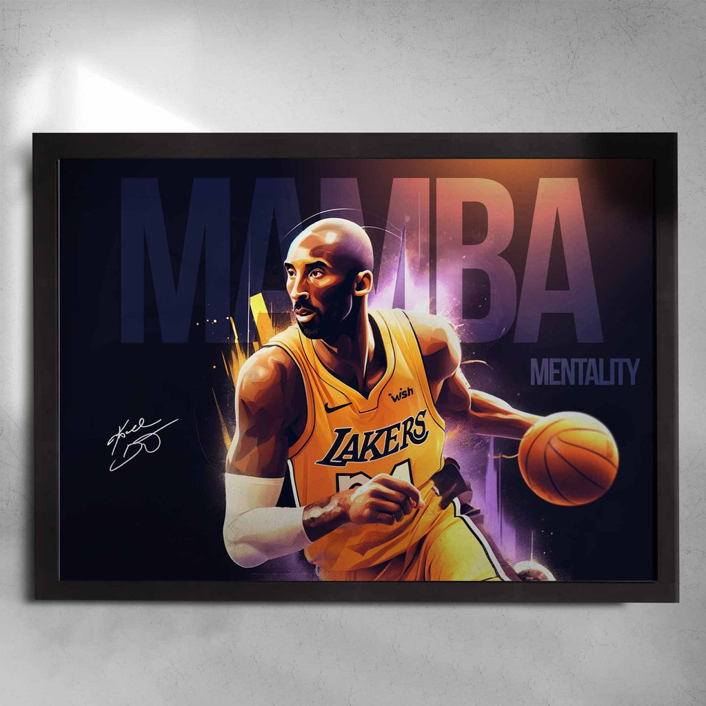 Black framed NBA art by Sports Cave, featuring Kobe Bryant from the LA Lakers - Mamba Mentality.